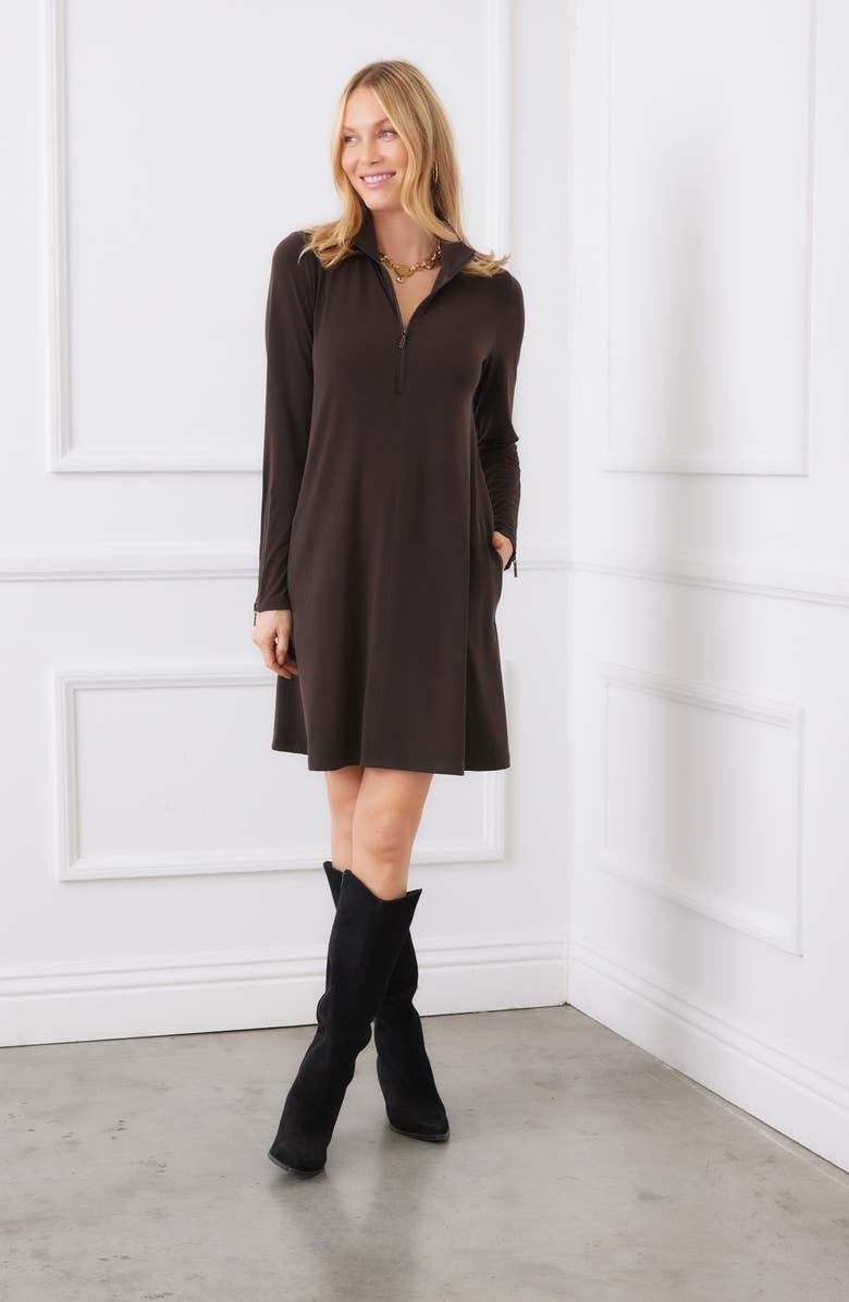 Karen Kane Half Zip Long Sleeve Travel Dress, Alternate, color, Brown