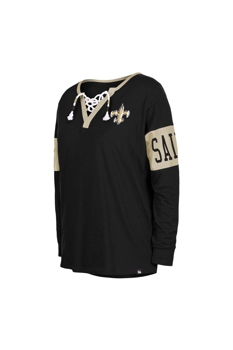 Women's New Era Black New Orleans Saints Lace-Up Notch Neck Long Sleeve T-Shirt, Alternate, color, Black