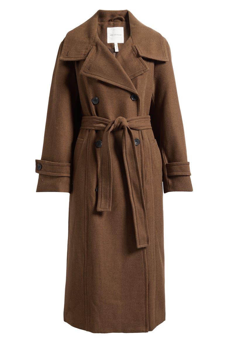 Belted Funnel Neck Herringbone Trench Coat, Alternate, color, TAWNY