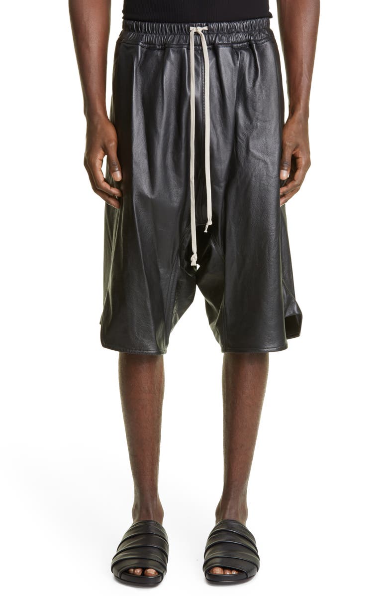 Rick Owens Basket Drop Crotch Leather Shorts, Main, color,