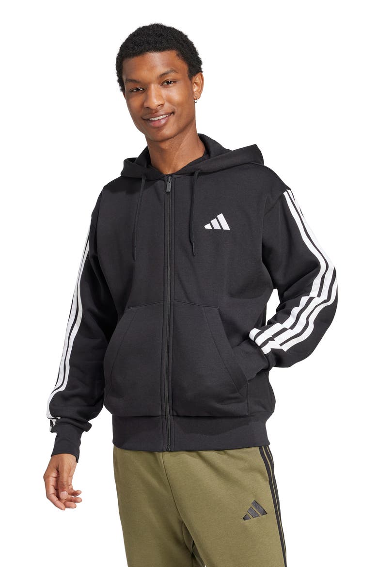 Essential 3-Stripes Fleece Hoodie, Alternate, color, BLACK/WHIT