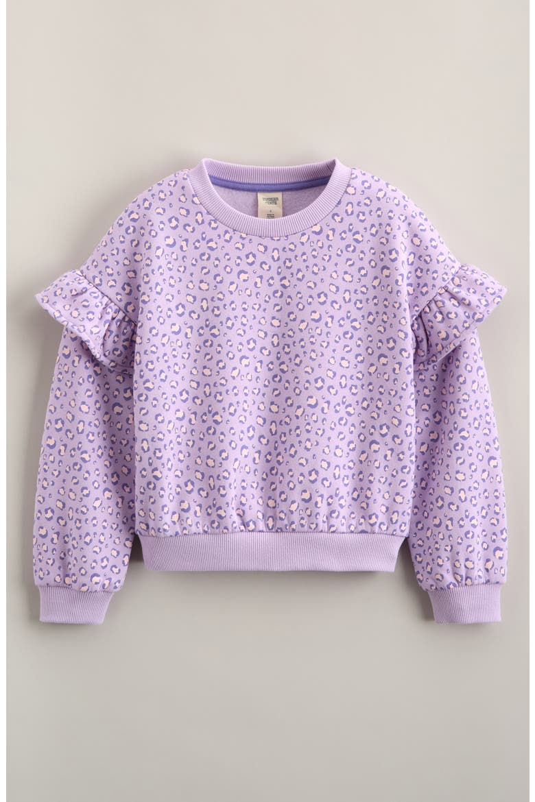 Kids' Ruffle Cotton Blend Sweatshirt, Main, color, PURPLE BLOOM PLAYFUL LEOPARD