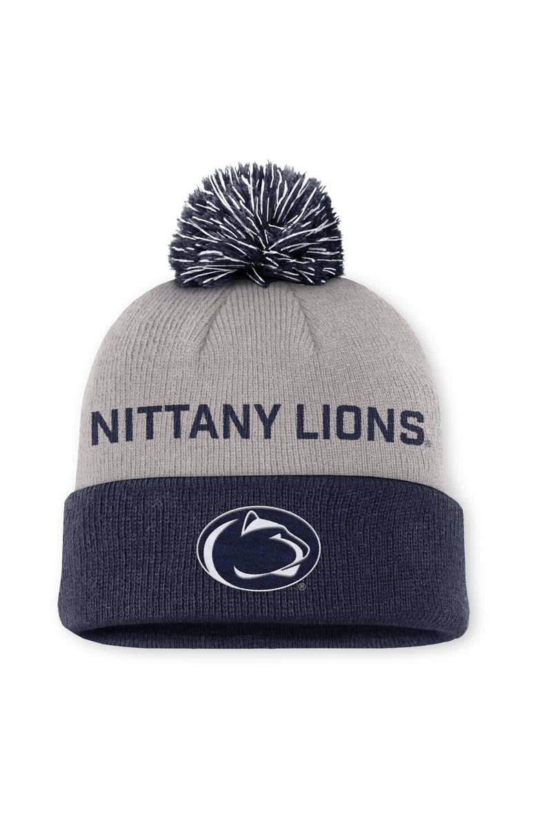 Nike Men's Nike Gray/Navy Penn State Nittany Lions Primetime Peak Cuffed Knit Hat with Pom, Main, color, Gray