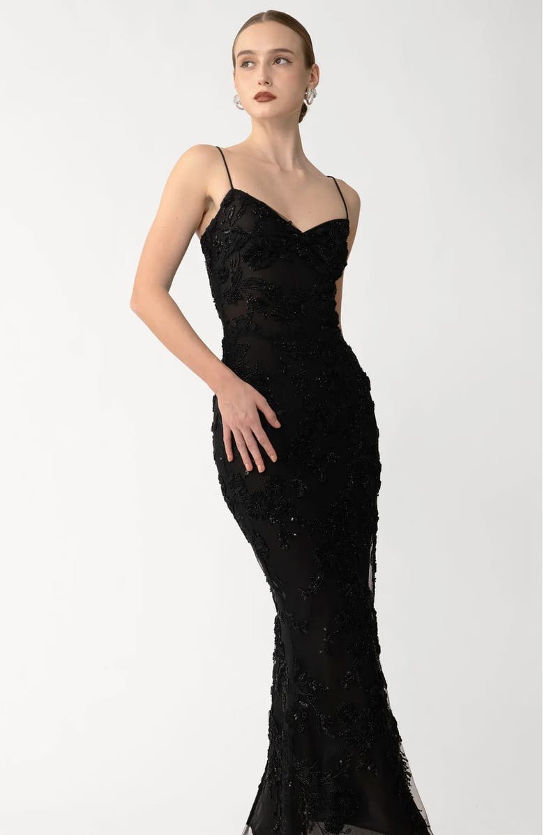 SAU LEE Sammie Beaded Floral Sleeveless Gown, Alternate, color, Black