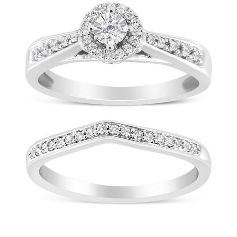 Silver 1/3 Cttw Diamond Halo and Pave Shank Engagement Ring Set