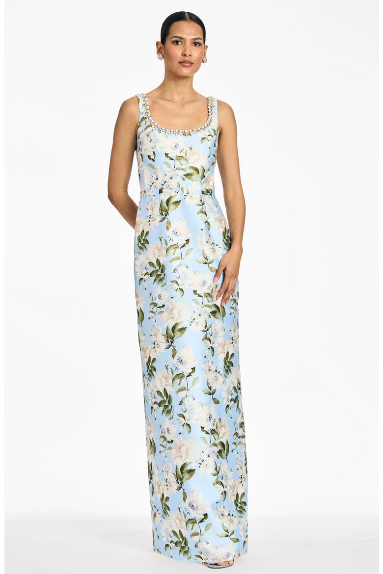 Lana Floral Stretch Mikado Gown, Alternate, color, SKY CAMELLIA