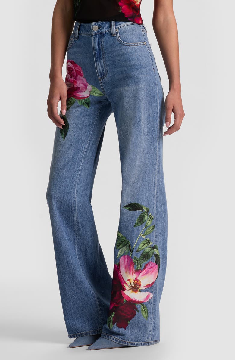 Alice + Olivia Chic Placed Floral Wide Leg Jeans, Alternate, color, Denver Bright Blue Bloom