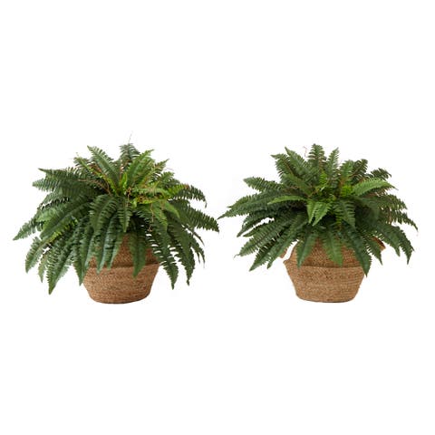 23-in Artificial Boston Fern Plant with Handmade Jute & Cotton Basket with Handles DIY KIT (Set of 2)