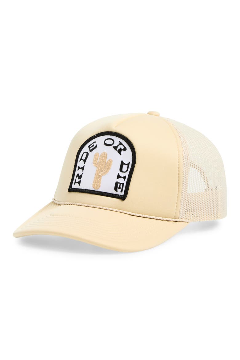 Ride or Die Patch Snapback Trucker Hat, Main, color, KHAKI