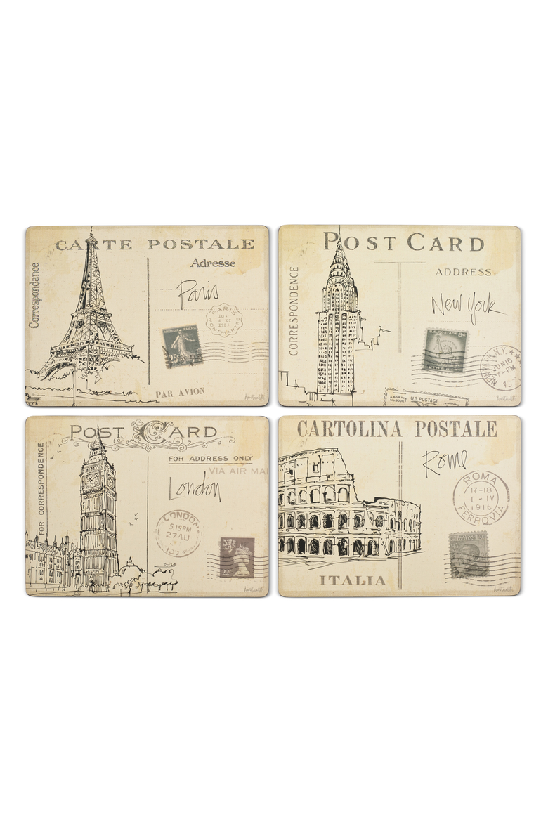 Postcard Sketches Set of 4 Cork Back Placemats, Alternate, color, Multi