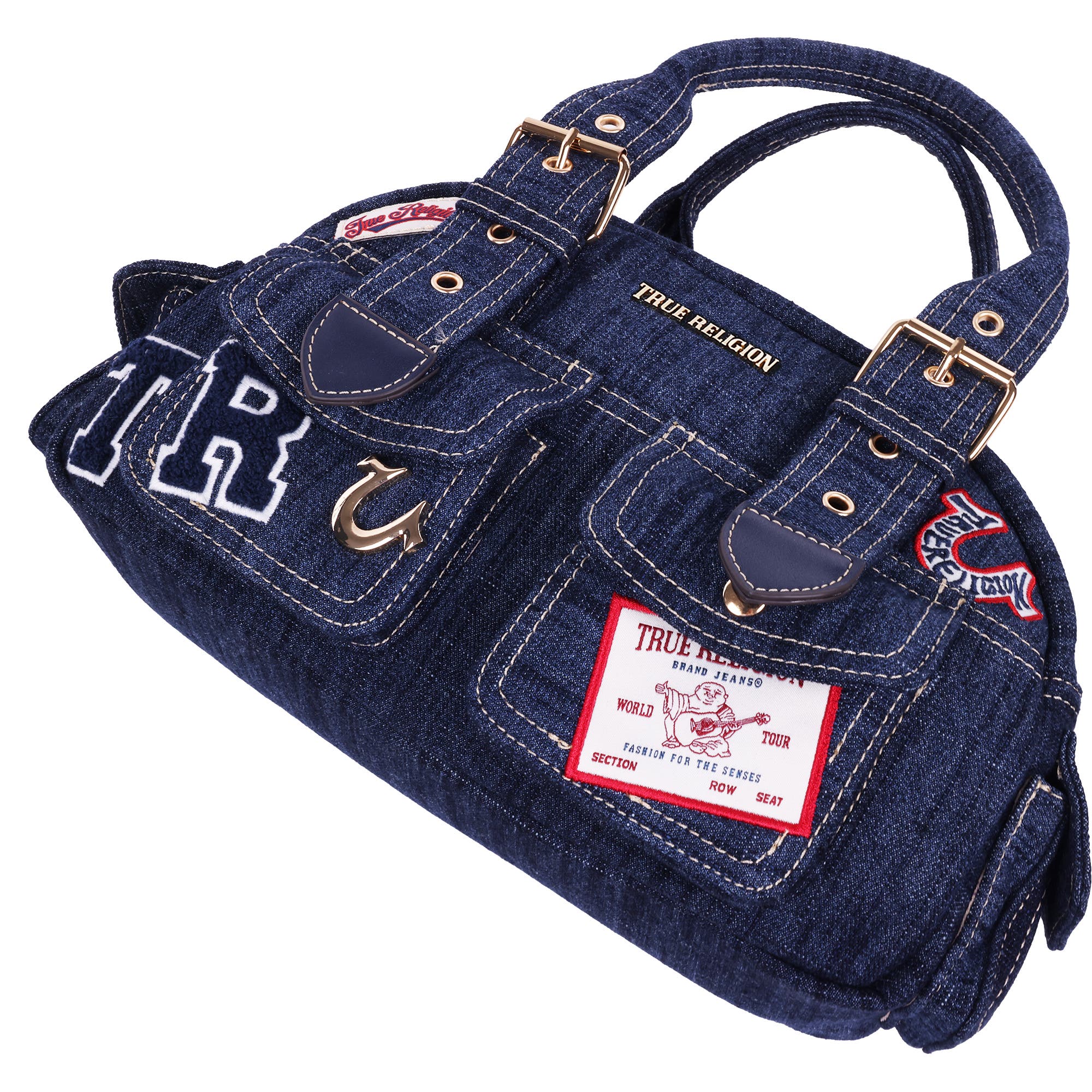 True Religion Multi-Patch Satchel, Alternate, color, Dark Denim