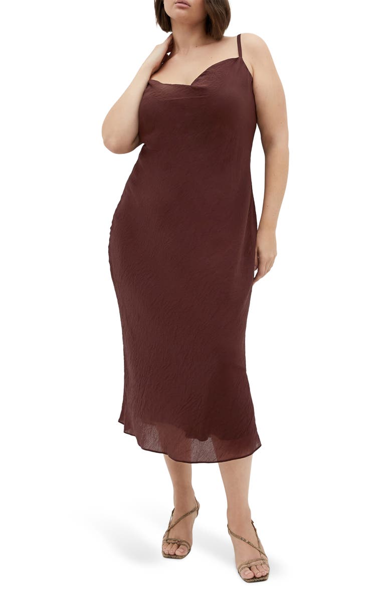 City Chic Kyra Crinkle Sateen Slipdress, Main, color, Chocolate
