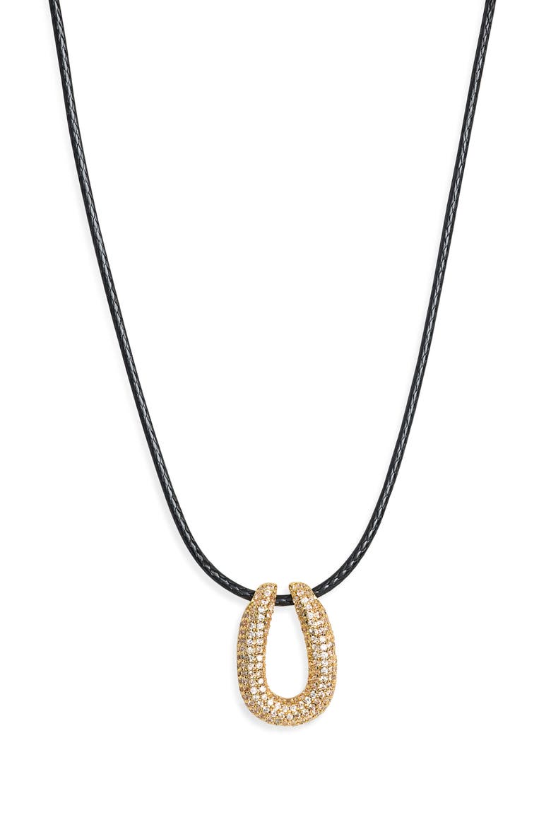 Pavé Crystal Horseshoe Pendant Cord Necklace, Alternate, color, GOLD