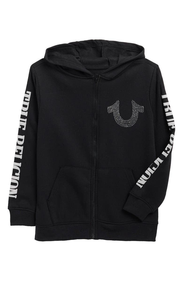 True Religion Kids' Rhinestone Horseshoe Logo Zip-Up Hoodie, Main, color, Black