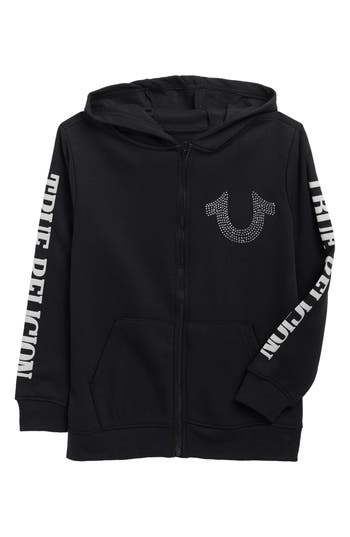 True Religion Kids' Rhinestone Horseshoe Logo Zip-up Hoodie In Black