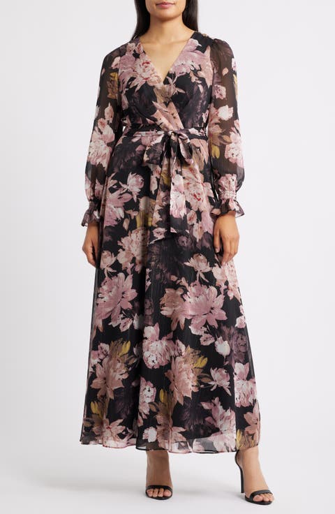 Metallic Floral Print Long Sleeve Faux Wrap Maxi Dress