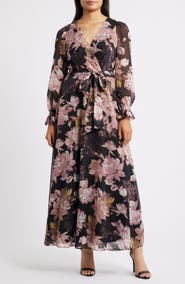 Anne Klein Metallic Floral Print Long Sleeve Faux Wrap Maxi Dress