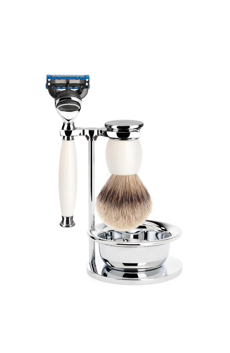 MÜHLE Sophist Porcelain 4-Piece Silvertip Badger & Fusion Razor Shaving Set, Main, color, White