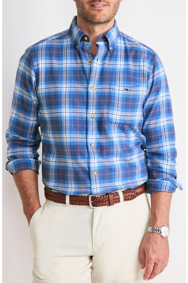 Muskeget Plaid Cotton Flannel Button-Down Shirt, Main, color, TIDE BLUE