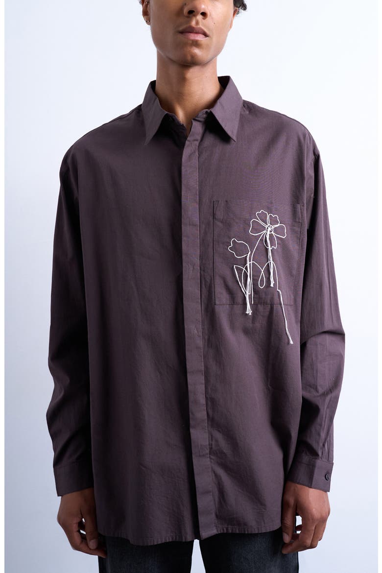 Floral Rope Embroidered Poplin Button-Up Shirt, Main, color, BROWN