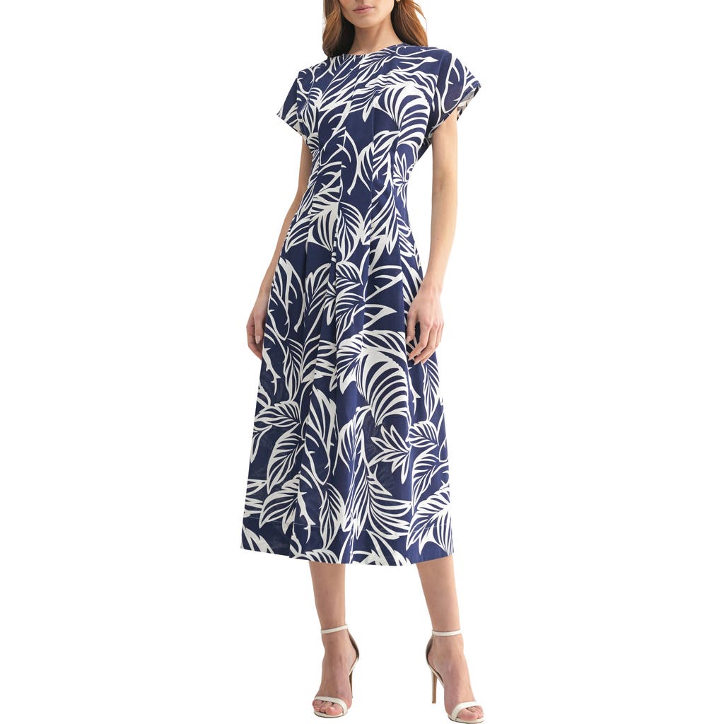 Mila Mae Cap Sleeve Fit And Flare Midi Dress In Navy White