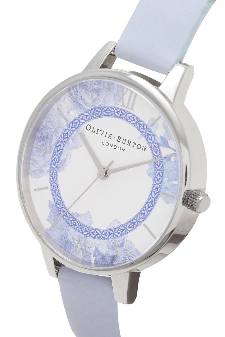 Tea Party Leather Strap Watch, 34mm, Alternate, color, BLUE/ WHITE