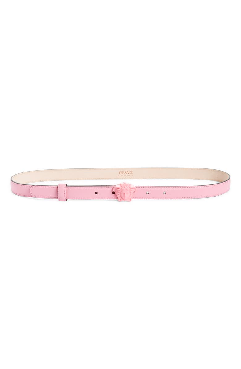 Versace Medusa Leather Skinny Belt, Main, color, Baby Pink Versace Gold