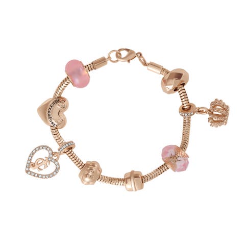 Multi-Charm Beaded Chain Bracelet, Gold-Tone with Pink Accents