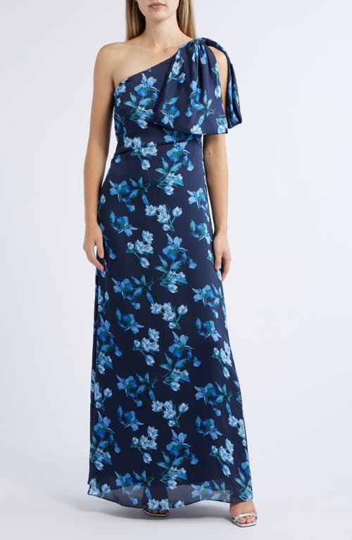 Sachin & Babi Chelsea Floral Print One-Shoulder Georgette Gown in Night Sky Venetian Petal 