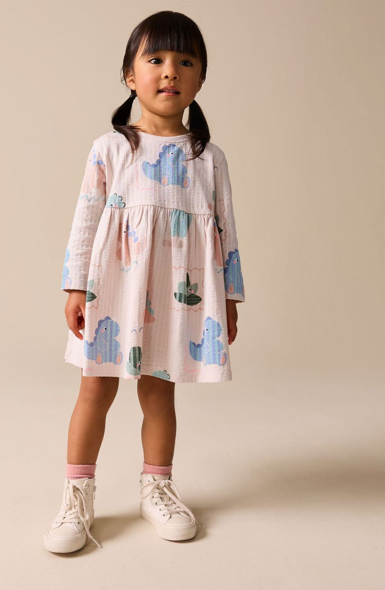 NEXT Kids' Dinosaur Print Long Sleeve Cotton Dress, Alternate, color, Cream