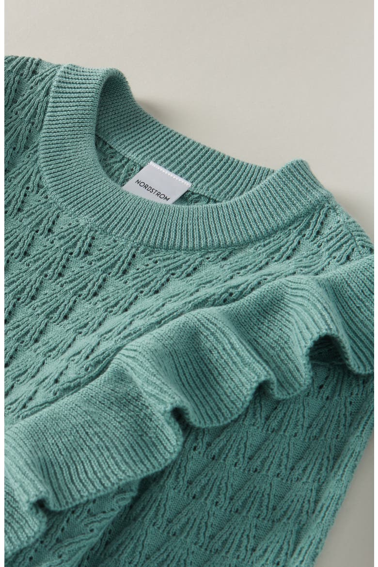 Kids' Ruffle Cotton Pointelle Sweater, Alternate, color, GREEN WING