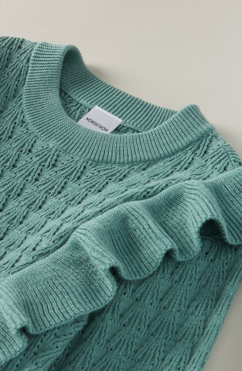 Nordstrom Kids' Ruffle Cotton Pointelle Sweater, Alternate, color, Green Wing