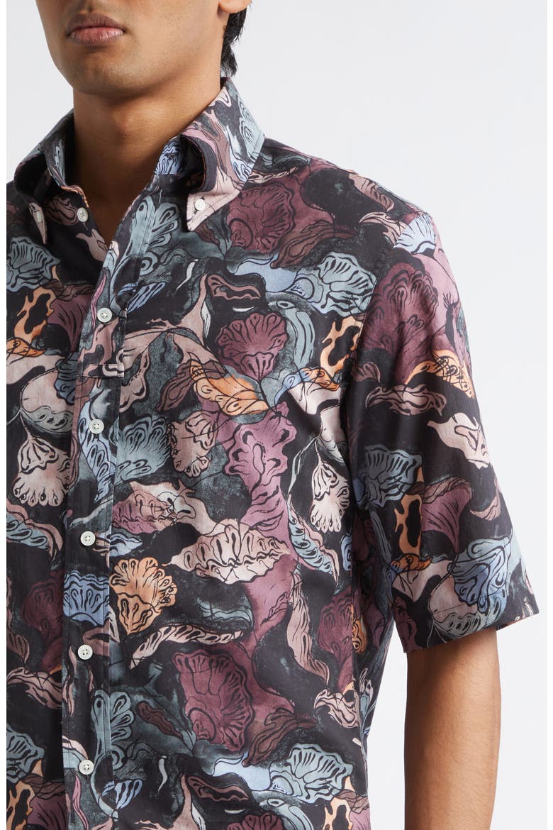Floral Short Sleeve Button-Down Shirt, Alternate, color, BLACK / PLUM