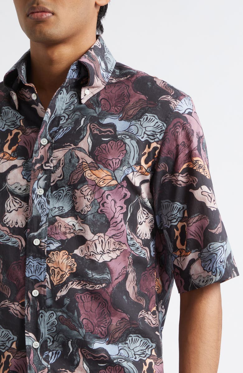 Lemaire Floral Short Sleeve Button-Down Shirt, Alternate, color, Black / Plum