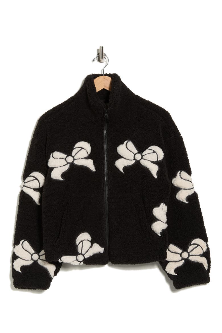 Bow Patch Faux Shearling Jacket, Alternate, color, BLACK