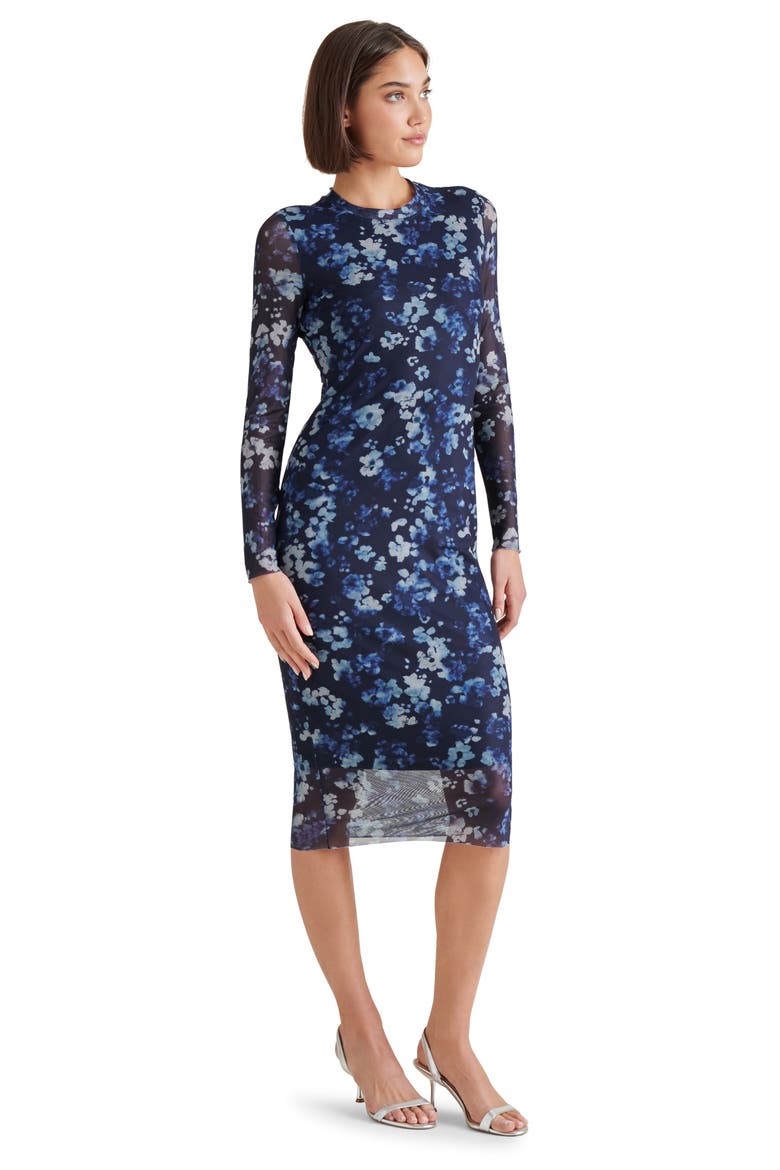 Hailee Floral Long Sleeve Mesh Body-Con Midi Dress, Alternate, color, INDIGO