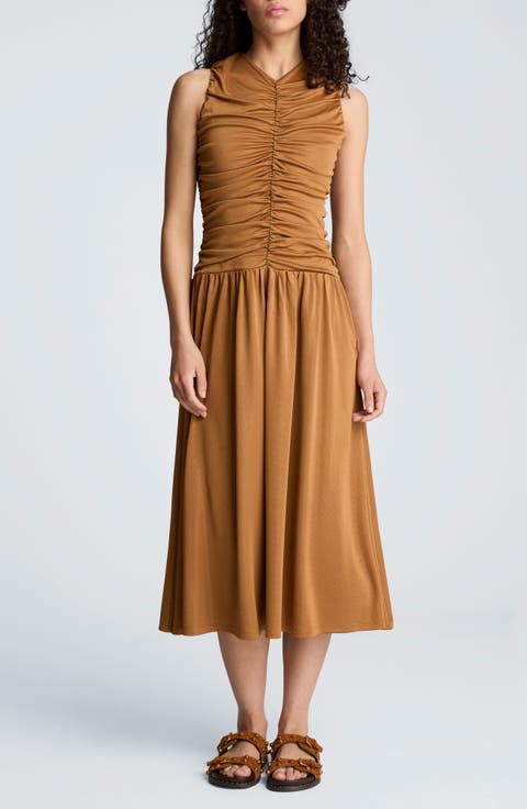 Ruched Sleeveless A-Line Midi Dress