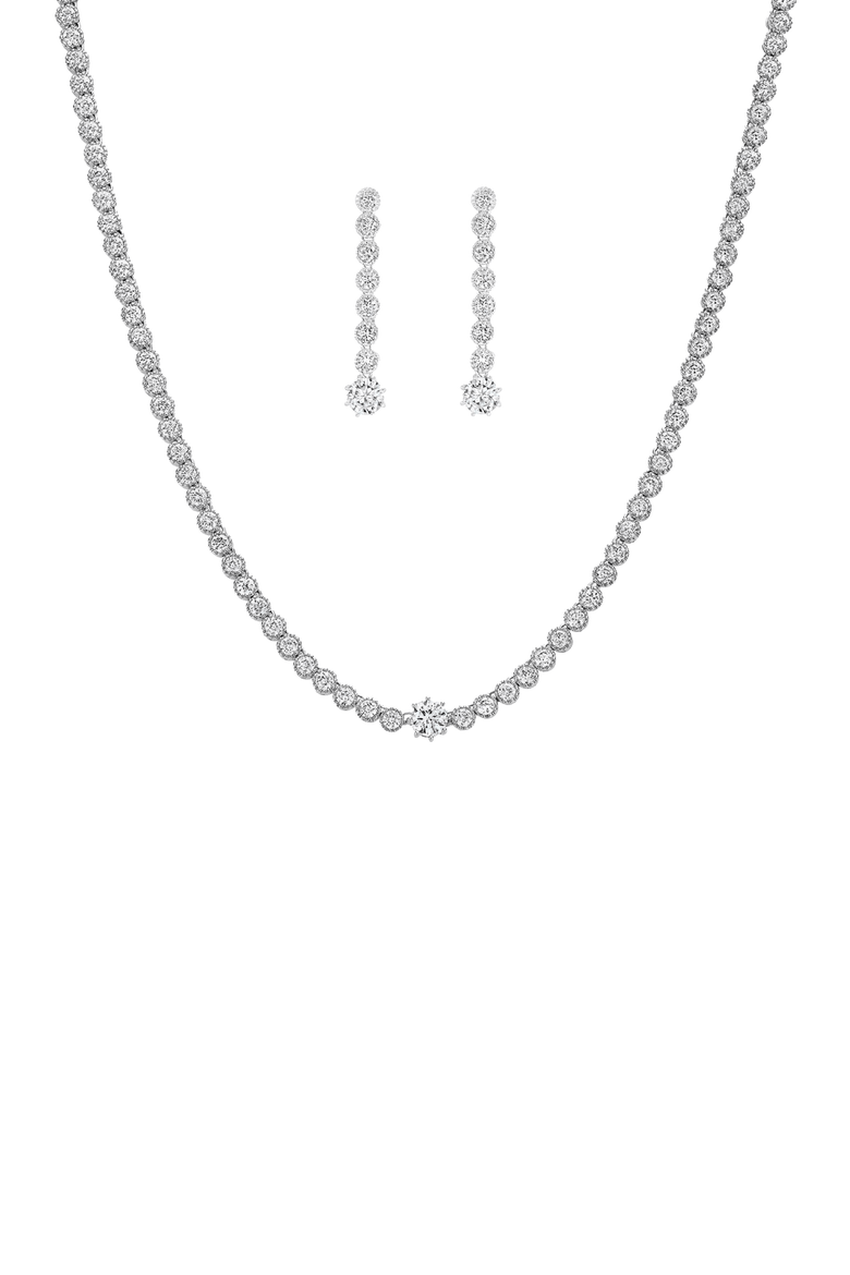Celeste Tennis Necklace & Earring Set Dainty Trendy Gift, Main, color, Silver
