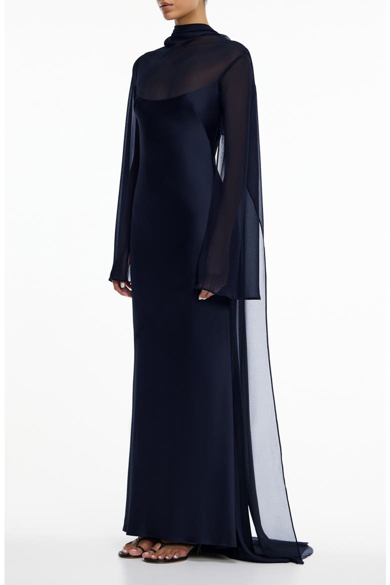 Devlyn Chiffon Drape Long Sleeve Gown, Alternate, color, SAPPHIRE