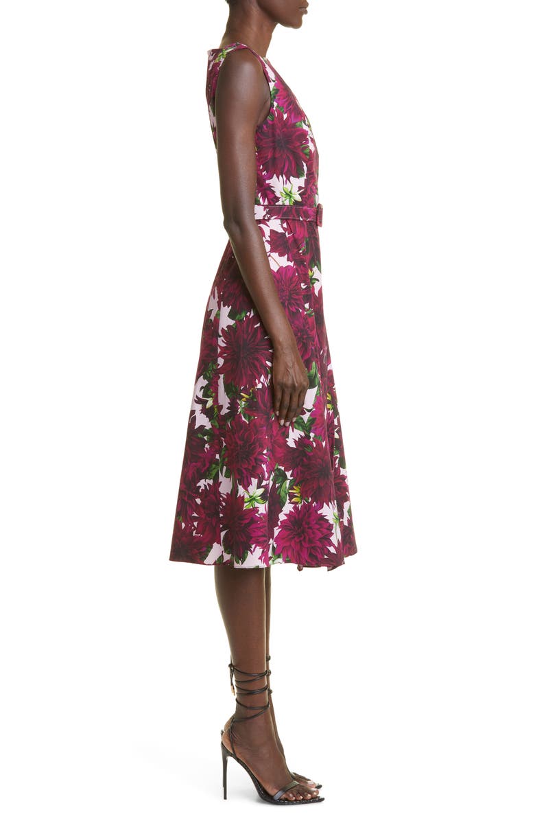 Oscar de la Renta Dahlia Print Stretch Cotton Poplin Belted Dress, Alternate, color, 