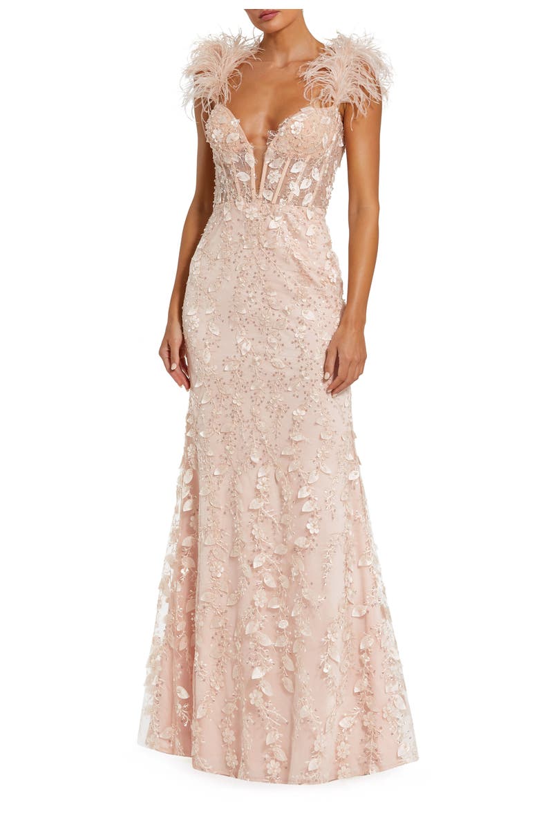 Mac Duggal Sheer Applique Bustier Gown with Feather Straps, Main, color, Peach