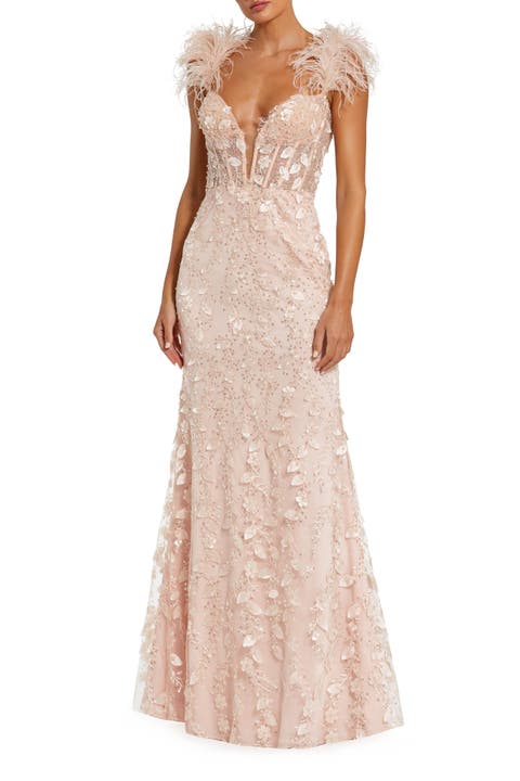 Sheer Applique Bustier Gown with Feather Straps