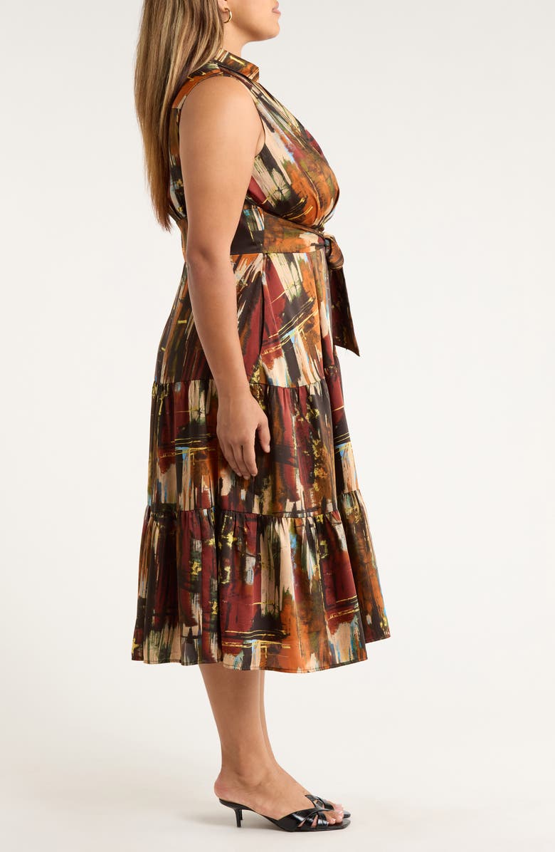 Tahari ASL Print Sleeveless Tiered Midi Shirtdress, Alternate, color, Cognac Paint