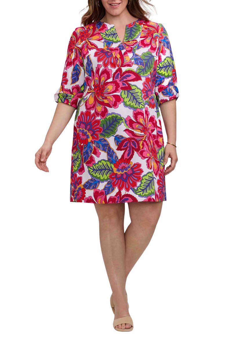 Vena Paradise Blooms Print Cotton Shift Dress, Main, color, PINK/ WHITE MULTI