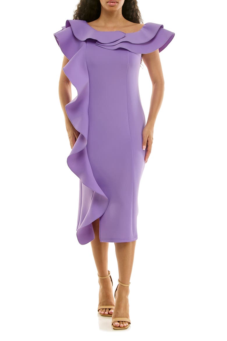 Ruffle One-Shoulder Scuba Knit Sheath Dress, Main, color, SOFT PURPLE