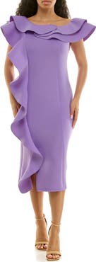 Nina Leonard Ruffle One-Shoulder Scuba Knit Sheath Dress