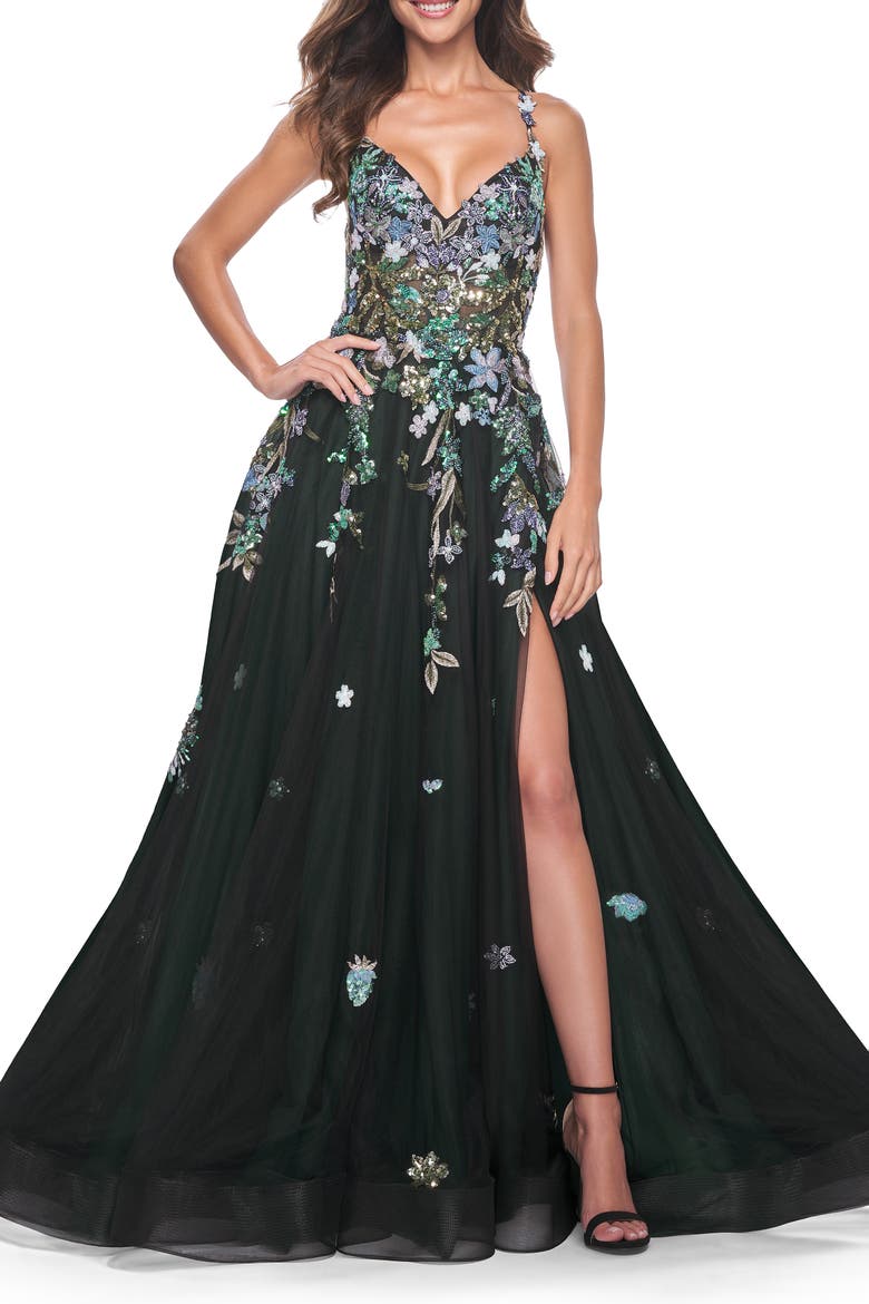 Gorgeous Sequin Floral Lace Applique A-Line Tulle Prom Dress, Alternate, color, Black