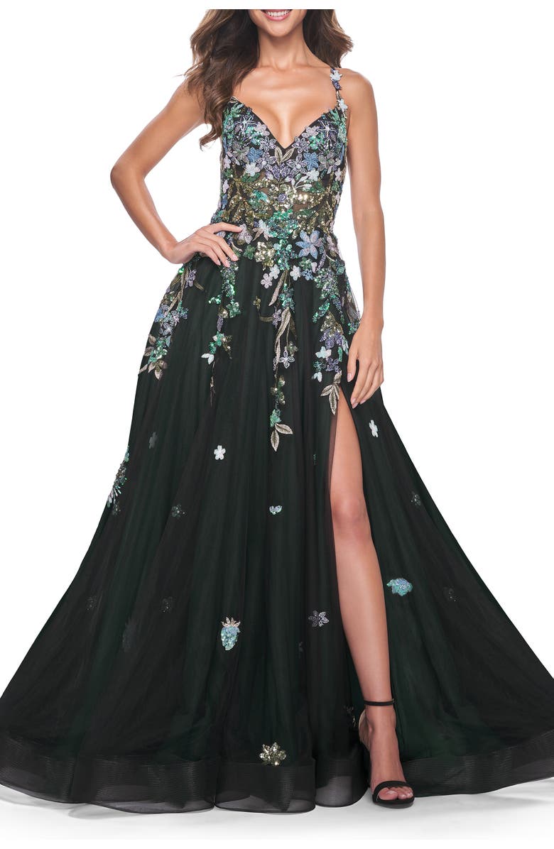 La Femme Gorgeous Sequin Floral Lace Applique A-Line Tulle Prom Dress, Alternate, color, Black