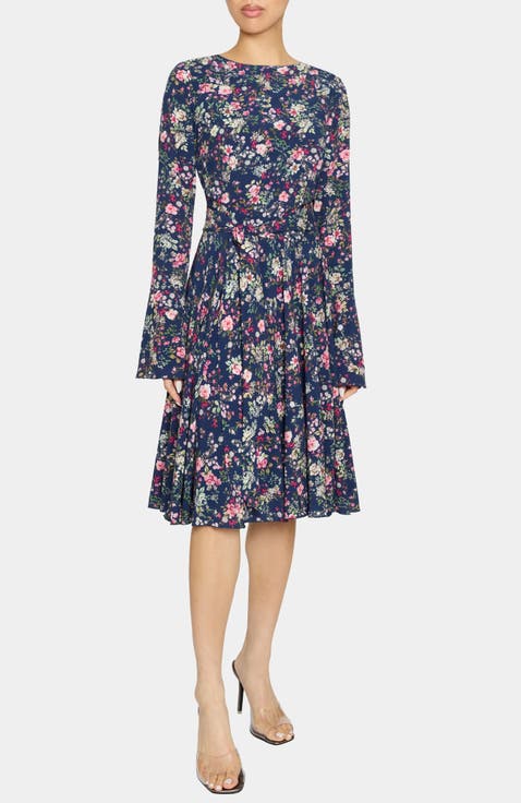 RONI Long Sleeve Fit and Flare Dress in Stretch Floral Print