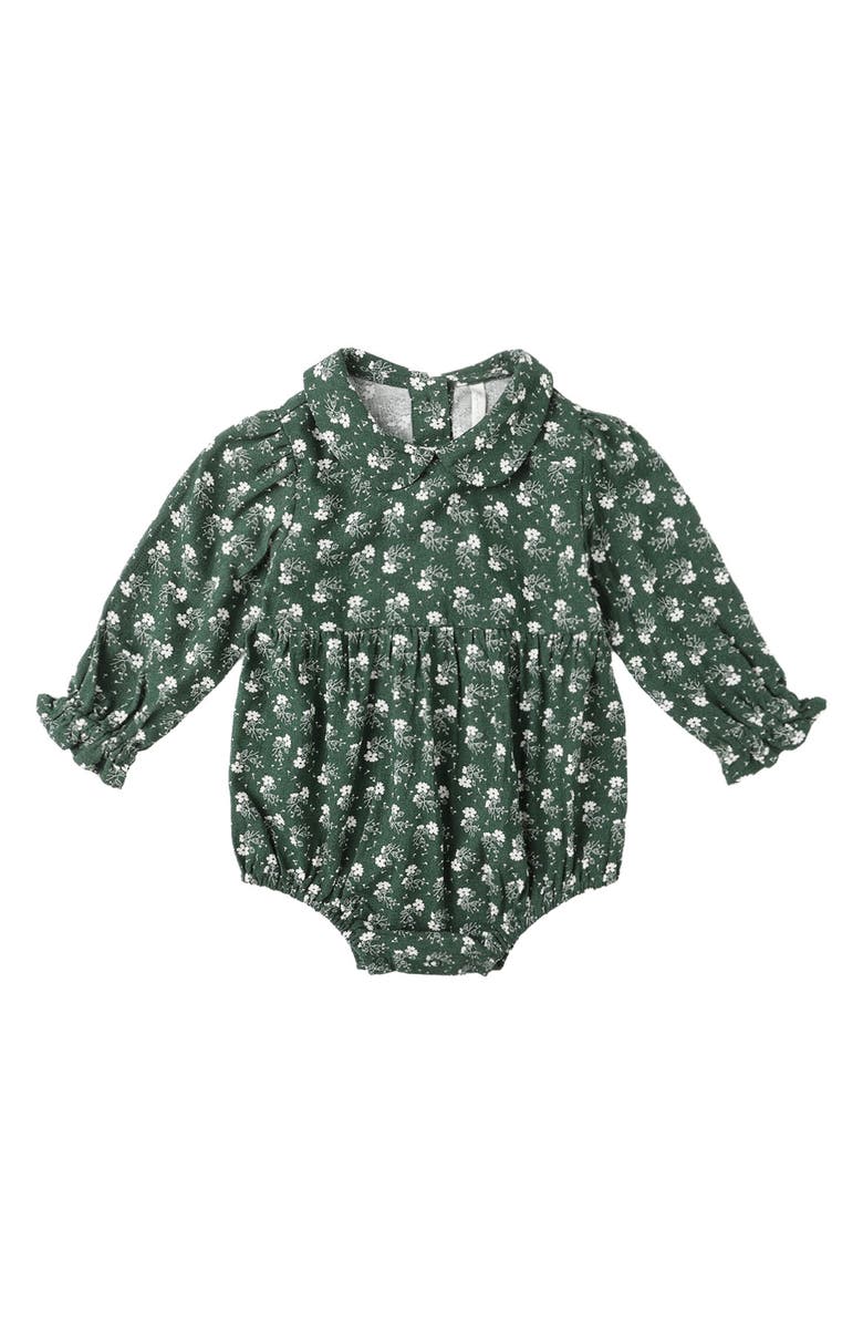 Rylee + Cru Cora Ditsy Floral Print Linen Blend Bubble Romper, Main, color, Green
